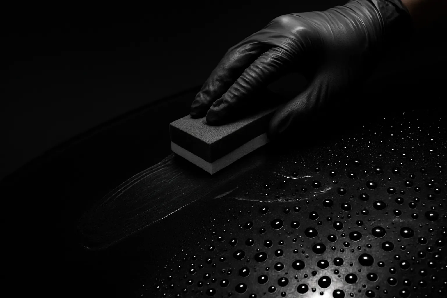Ceramic coating application — coating spread across deep black car paint in studio