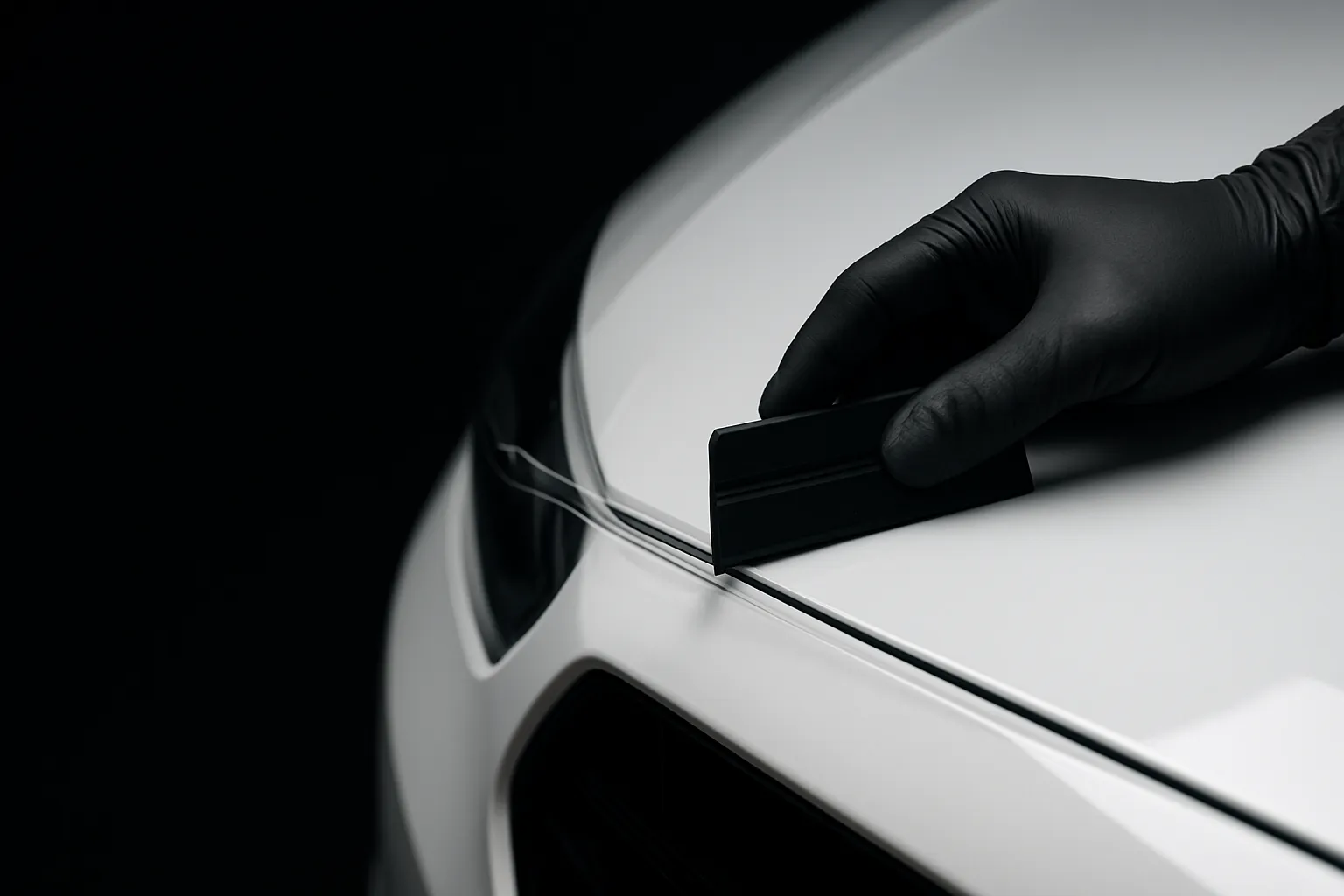 Paint protection film installation — PPF being applied to car hood edge